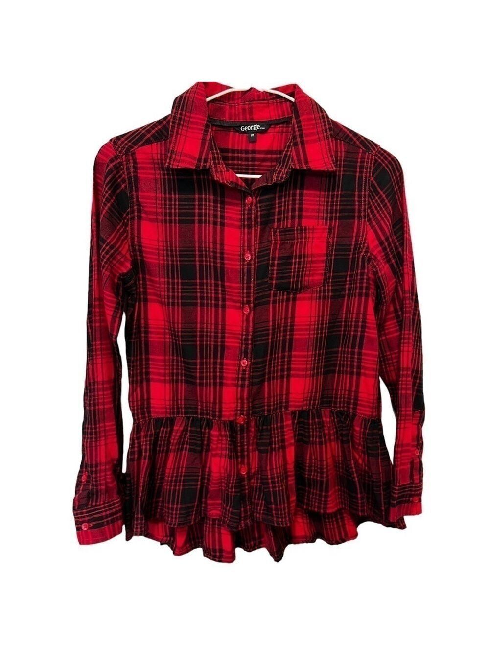 George Red and Black Plaid Button Down Blouse with Ruffle Bottom